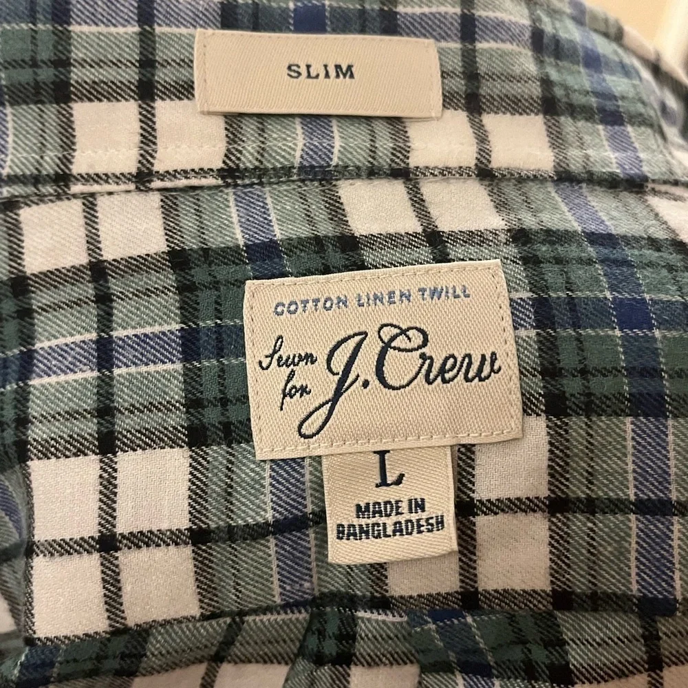 J Crew Reimagined Slim Fit Green & Blue Plaid Button Down, size Large